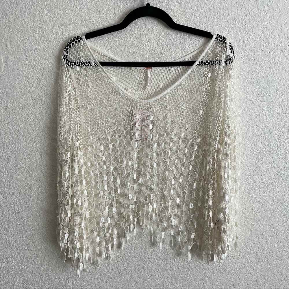 NWT Free People Ivory White Long Sleeve Crochet Knit Top 100% Rayon